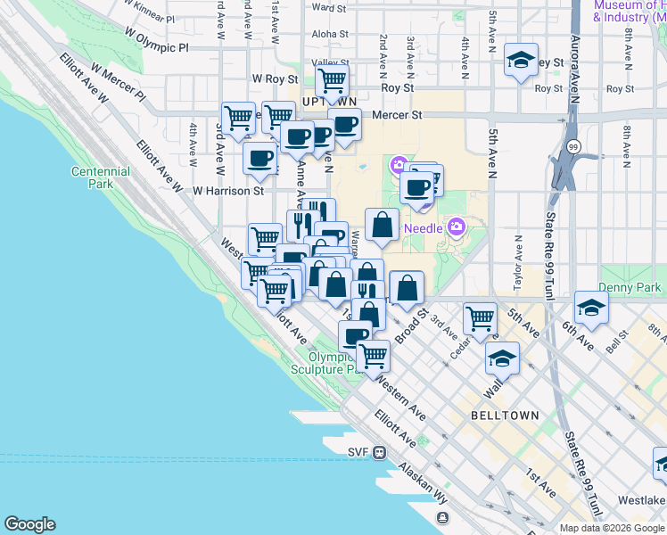 map of restaurants, bars, coffee shops, grocery stores, and more near 107 Denny Way in Seattle