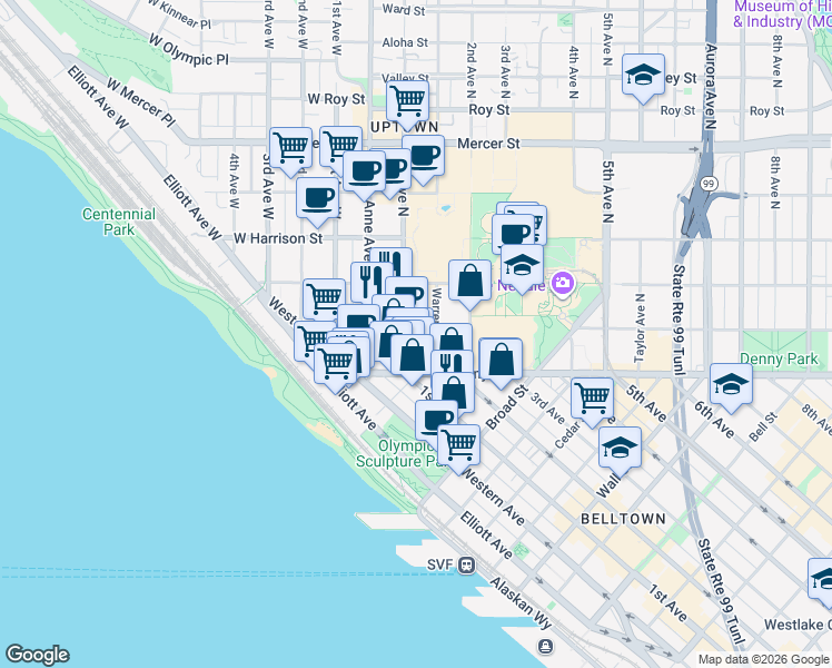 map of restaurants, bars, coffee shops, grocery stores, and more near 114 1st Avenue North in Seattle