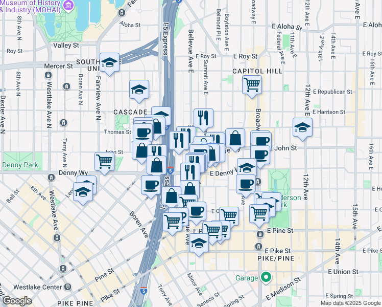 map of restaurants, bars, coffee shops, grocery stores, and more near E John St & Bellevue Ave E in Seattle