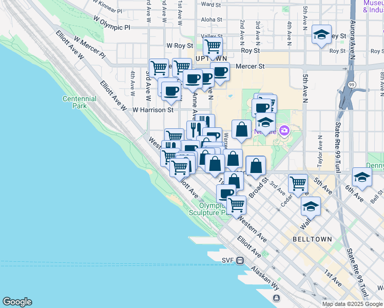 map of restaurants, bars, coffee shops, grocery stores, and more near 10 Denny Way in Seattle