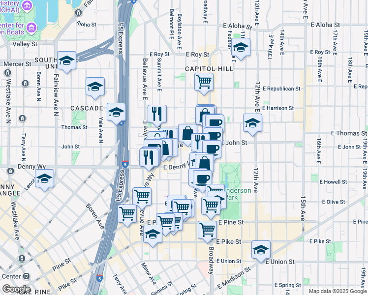 map of restaurants, bars, coffee shops, grocery stores, and more near 123 Boylston Avenue East in Seattle