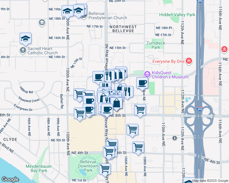 map of restaurants, bars, coffee shops, grocery stores, and more near 10450 Northeast 10th Street in Bellevue