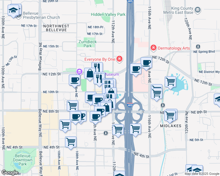 map of restaurants, bars, coffee shops, grocery stores, and more near 989 112th Avenue Northeast in Bellevue
