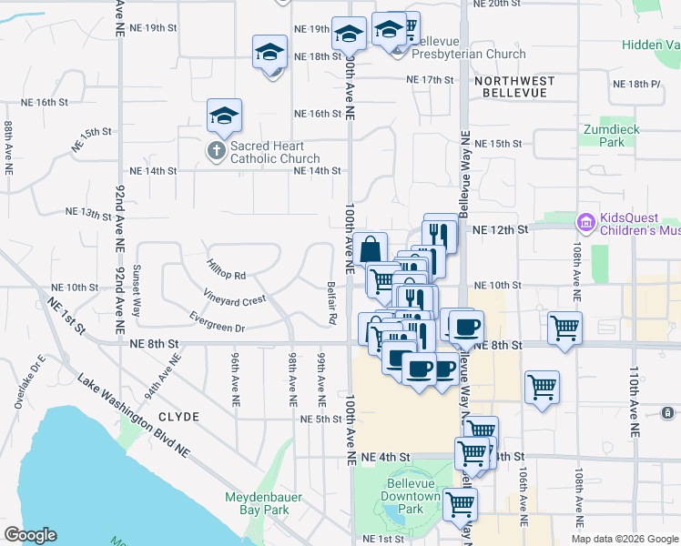 map of restaurants, bars, coffee shops, grocery stores, and more near 9851 Belfair Lane in Bellevue