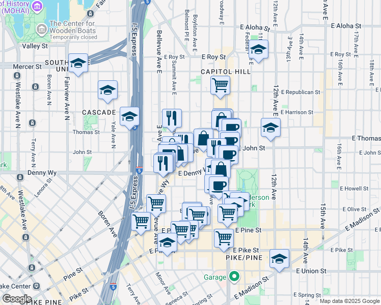 map of restaurants, bars, coffee shops, grocery stores, and more near 200 Belmont Avenue East in Seattle
