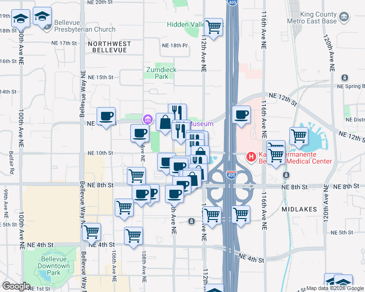 map of restaurants, bars, coffee shops, grocery stores, and more near 11000 Northeast 10th Street in Bellevue