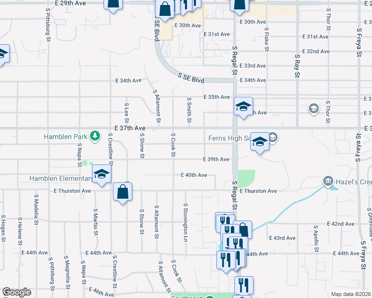 map of restaurants, bars, coffee shops, grocery stores, and more near 2604 East 39th Avenue in Spokane
