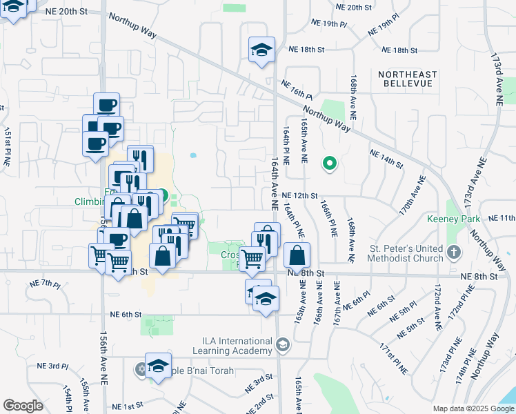 map of restaurants, bars, coffee shops, grocery stores, and more near 911 164th Avenue Northeast in Bellevue