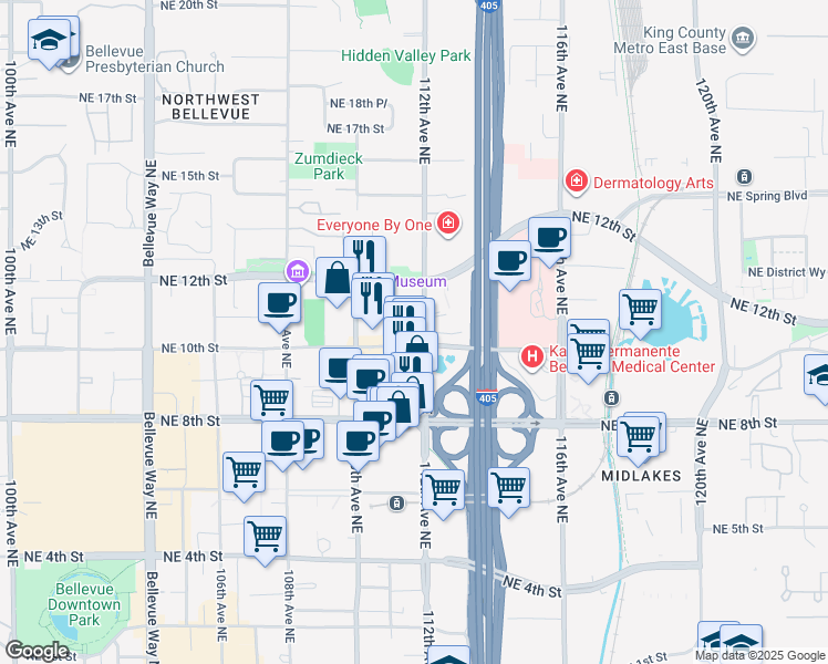 map of restaurants, bars, coffee shops, grocery stores, and more near 989 112th Avenue Northeast in Bellevue