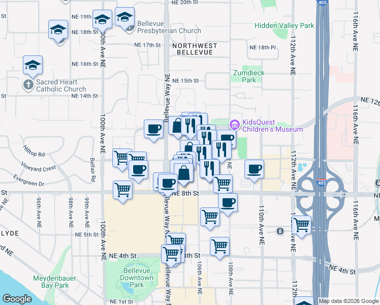 map of restaurants, bars, coffee shops, grocery stores, and more near 10610 Northeast 9th Street in Bellevue