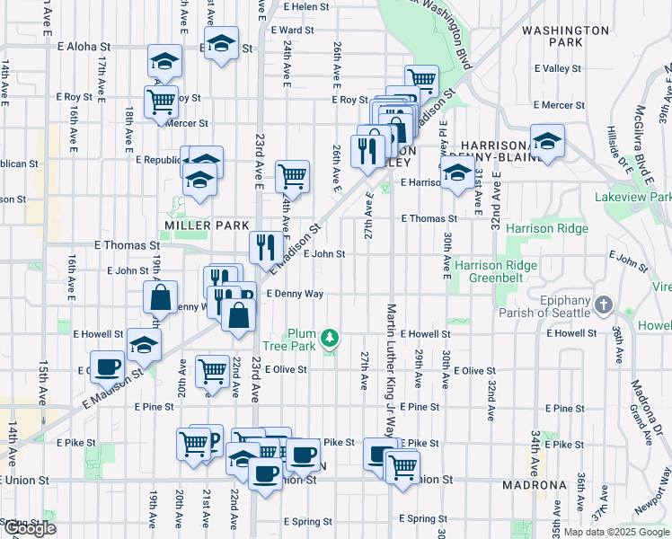 map of restaurants, bars, coffee shops, grocery stores, and more near 2500 East Denny Way in Seattle