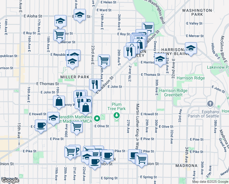 map of restaurants, bars, coffee shops, grocery stores, and more near 2500 East Denny Way in Seattle