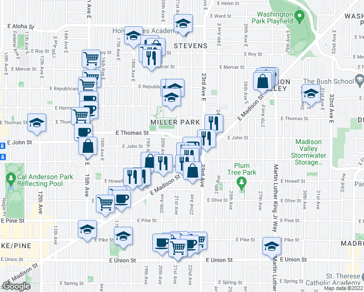 map of restaurants, bars, coffee shops, grocery stores, and more near 119 22nd Avenue East in Seattle