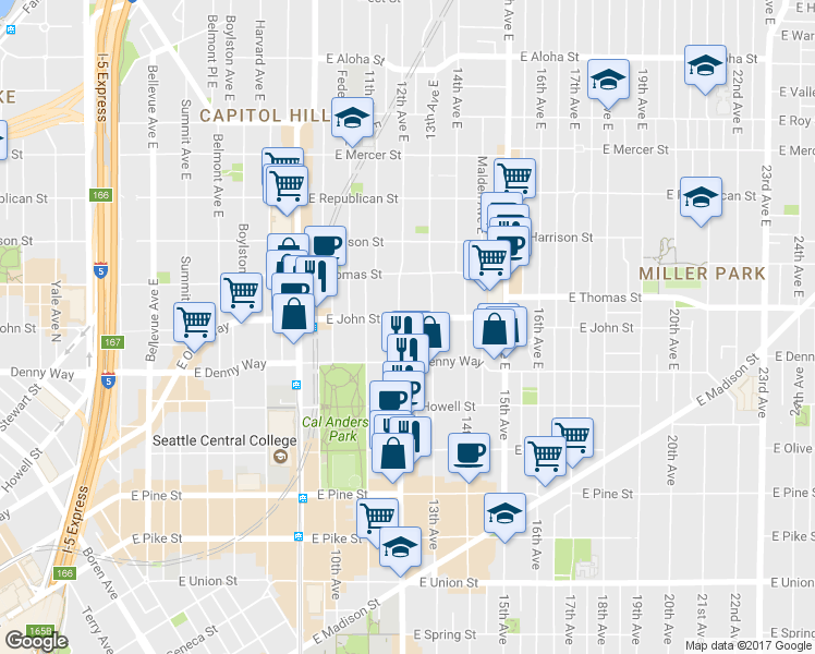 map of restaurants, bars, coffee shops, grocery stores, and more near 109 13th Avenue East in Seattle