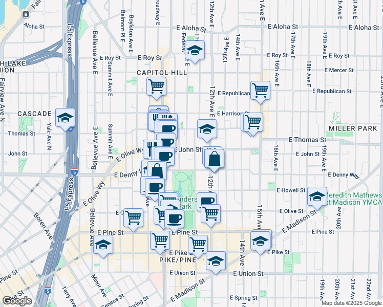 map of restaurants, bars, coffee shops, grocery stores, and more near 1008 East Denny Way in Seattle