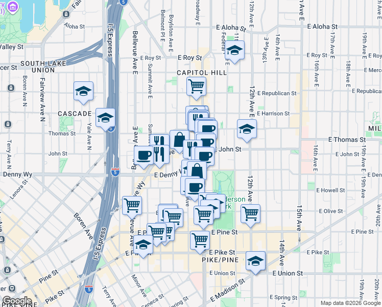 map of restaurants, bars, coffee shops, grocery stores, and more near 102 Harvard Avenue East in Seattle