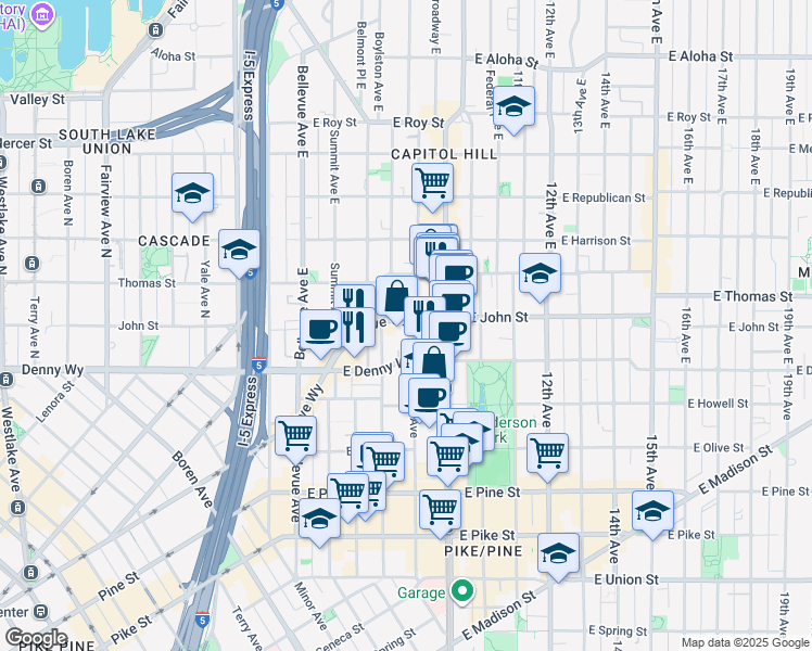 map of restaurants, bars, coffee shops, grocery stores, and more near 102 Harvard Avenue East in Seattle