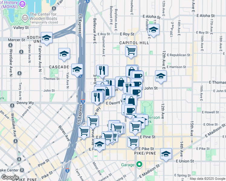 map of restaurants, bars, coffee shops, grocery stores, and more near 123 Boylston Avenue East in Seattle