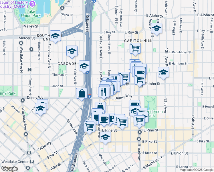 map of restaurants, bars, coffee shops, grocery stores, and more near 1580E East Olive Way in Seattle