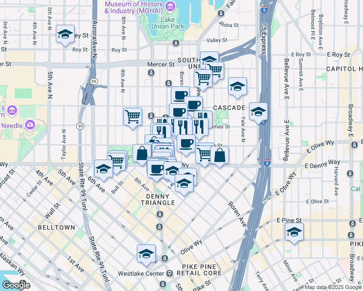 map of restaurants, bars, coffee shops, grocery stores, and more near 110 Boren Avenue North in Seattle