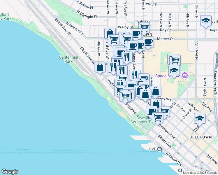map of restaurants, bars, coffee shops, grocery stores, and more near West Thomas Street Pedestrian and Bicycle Overpass in Seattle