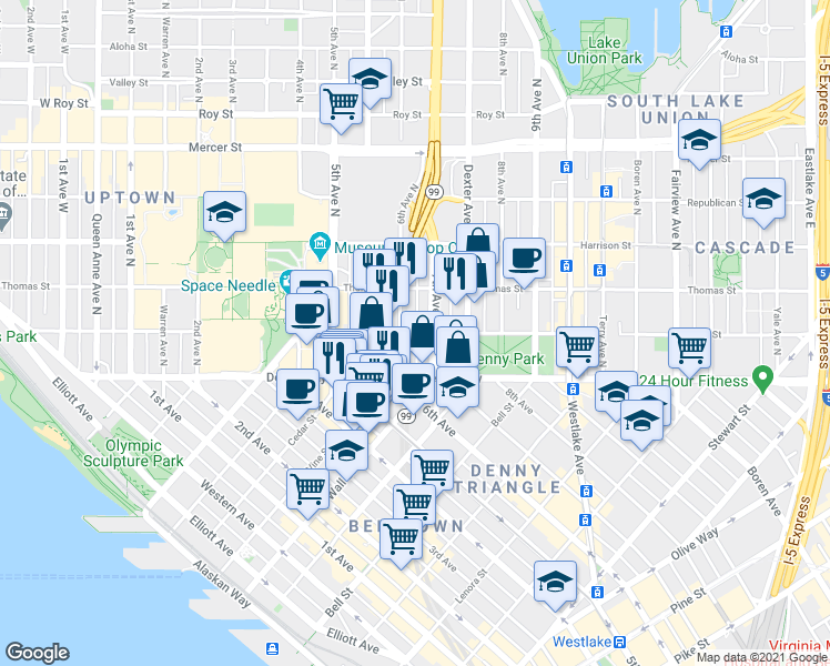 map of restaurants, bars, coffee shops, grocery stores, and more near 669 John Street in Seattle