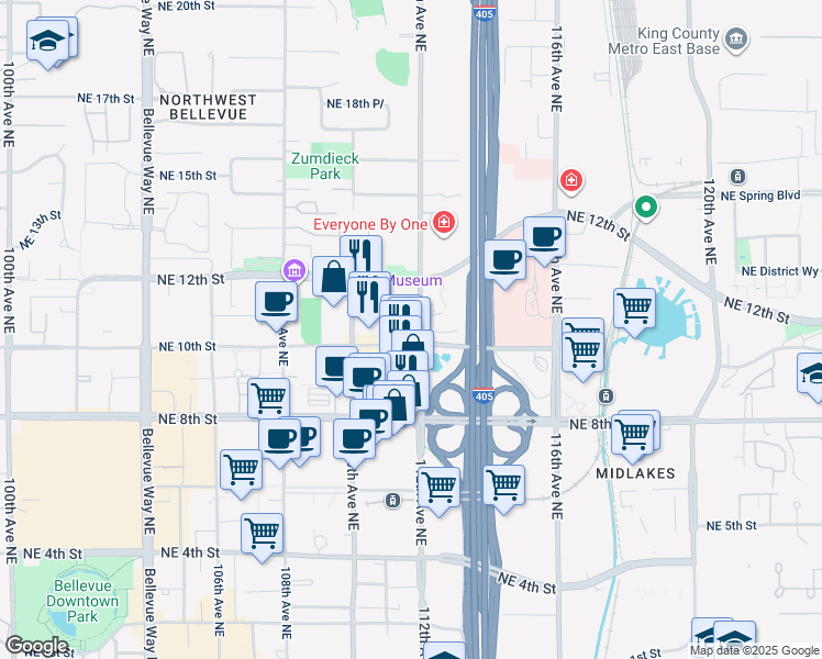 map of restaurants, bars, coffee shops, grocery stores, and more near 989 112th Avenue Northeast in Bellevue