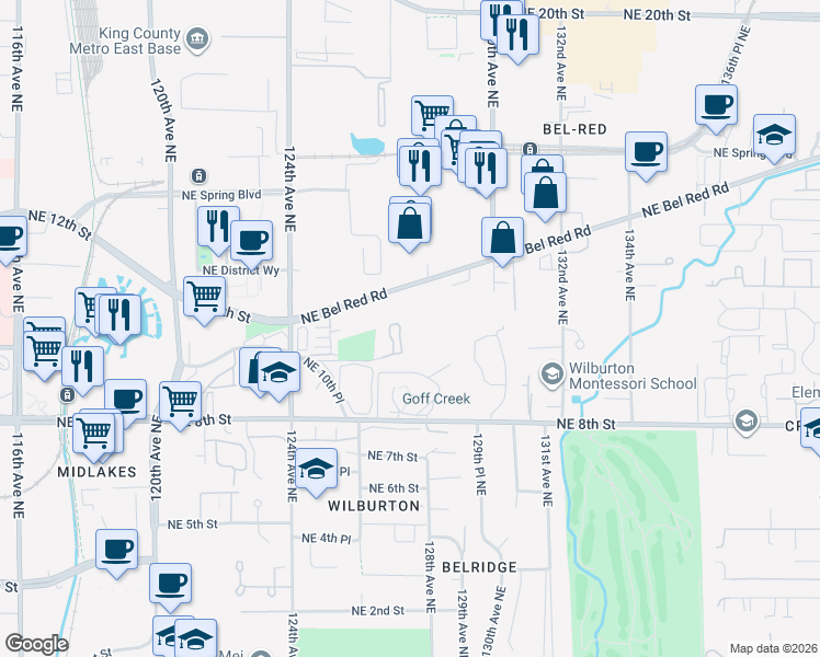 map of restaurants, bars, coffee shops, grocery stores, and more near 12720 Northeast 10th Place in Bellevue