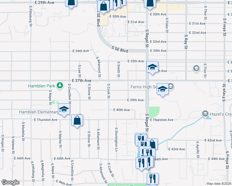 map of restaurants, bars, coffee shops, grocery stores, and more near 2604 East 39th Avenue in Spokane