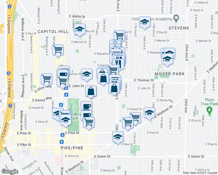map of restaurants, bars, coffee shops, grocery stores, and more near 1405 East John Street in Seattle