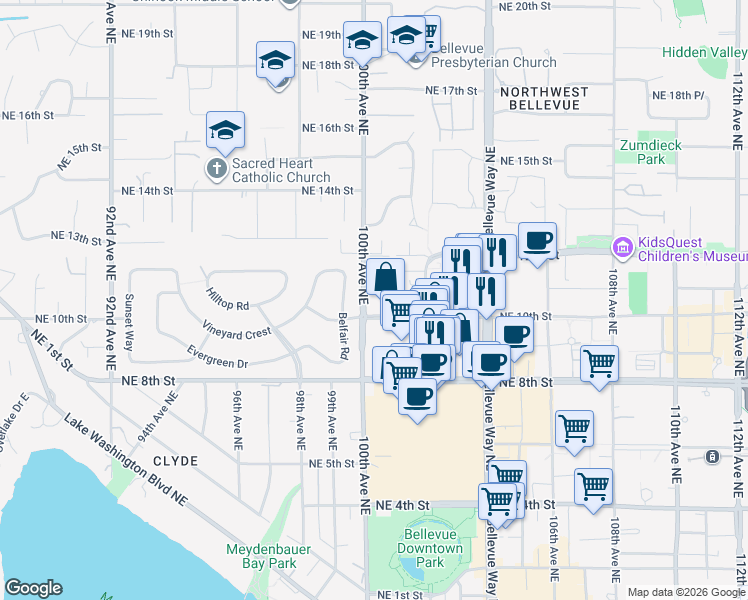 map of restaurants, bars, coffee shops, grocery stores, and more near 1000 100th Avenue Northeast in Bellevue