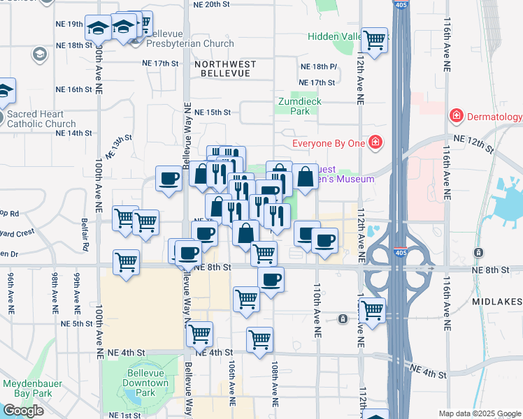 map of restaurants, bars, coffee shops, grocery stores, and more near 10710 Northeast 10th Street in Bellevue