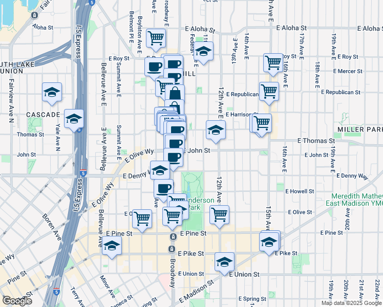 map of restaurants, bars, coffee shops, grocery stores, and more near 1001 East John Street in Seattle