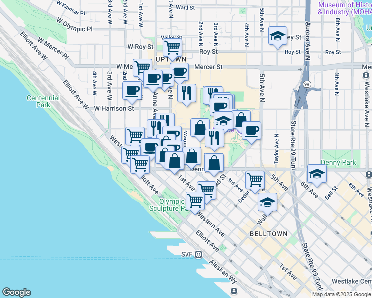 map of restaurants, bars, coffee shops, grocery stores, and more near 151 John Street in Seattle