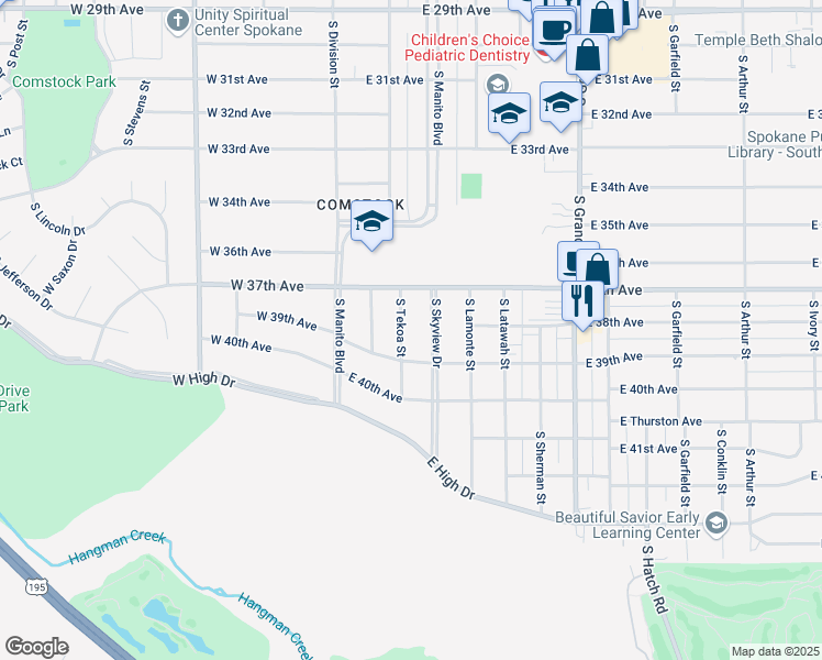 map of restaurants, bars, coffee shops, grocery stores, and more near 3716 South Skyview Drive in Spokane