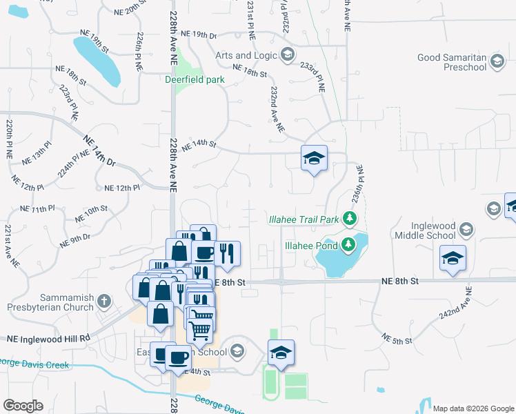 map of restaurants, bars, coffee shops, grocery stores, and more near 1301 232nd Place Northeast in Sammamish