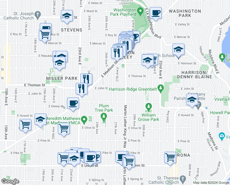 map of restaurants, bars, coffee shops, grocery stores, and more near 129 27th Avenue East in Seattle