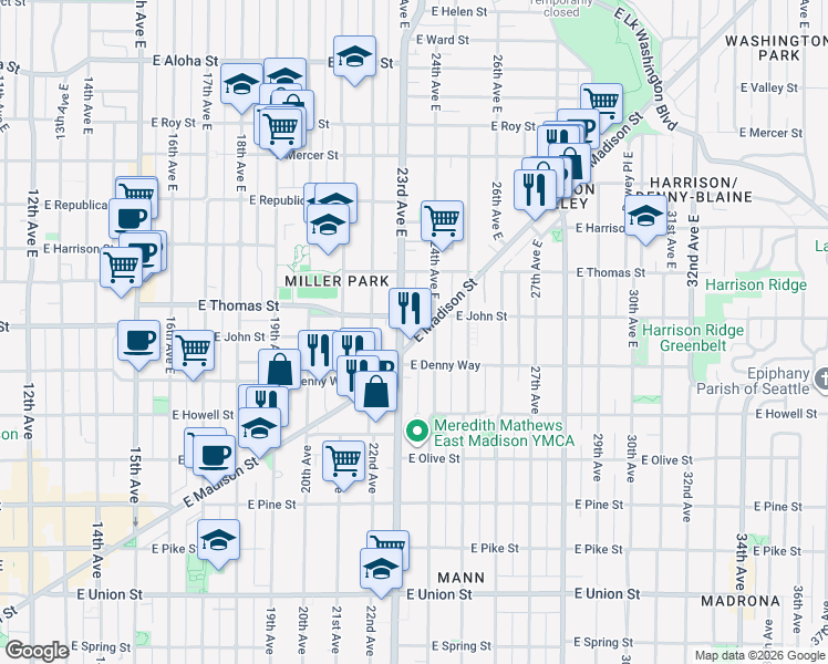 map of restaurants, bars, coffee shops, grocery stores, and more near 2320 East Madison Street in Seattle