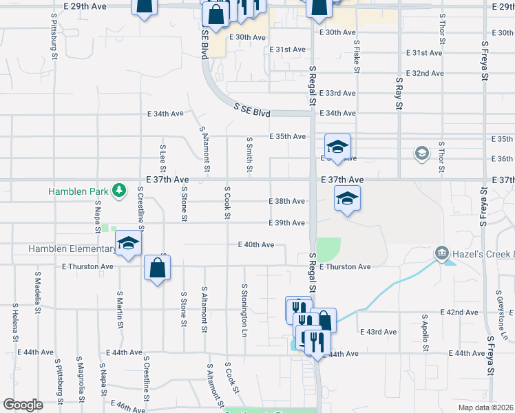 map of restaurants, bars, coffee shops, grocery stores, and more near 2636 East 37th Avenue in Spokane