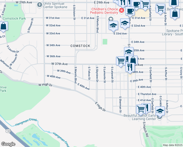 map of restaurants, bars, coffee shops, grocery stores, and more near 3716 South Skyview Drive in Spokane