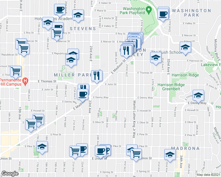 map of restaurants, bars, coffee shops, grocery stores, and more near 206 25th Avenue East in Seattle