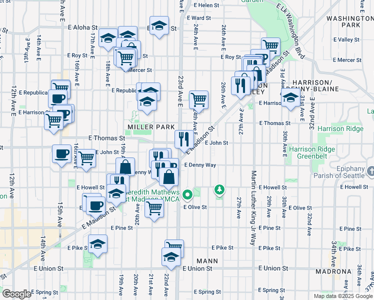 map of restaurants, bars, coffee shops, grocery stores, and more near in Seattle