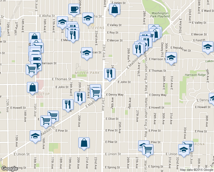 map of restaurants, bars, coffee shops, grocery stores, and more near in Seattle