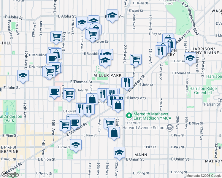 map of restaurants, bars, coffee shops, grocery stores, and more near 207 22nd Avenue East in Seattle