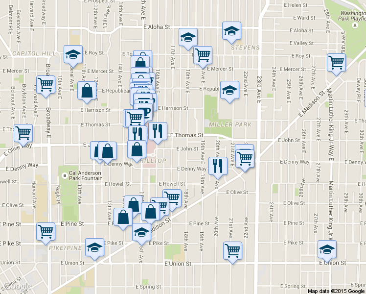map of restaurants, bars, coffee shops, grocery stores, and more near 302 18th Avenue East in Seattle