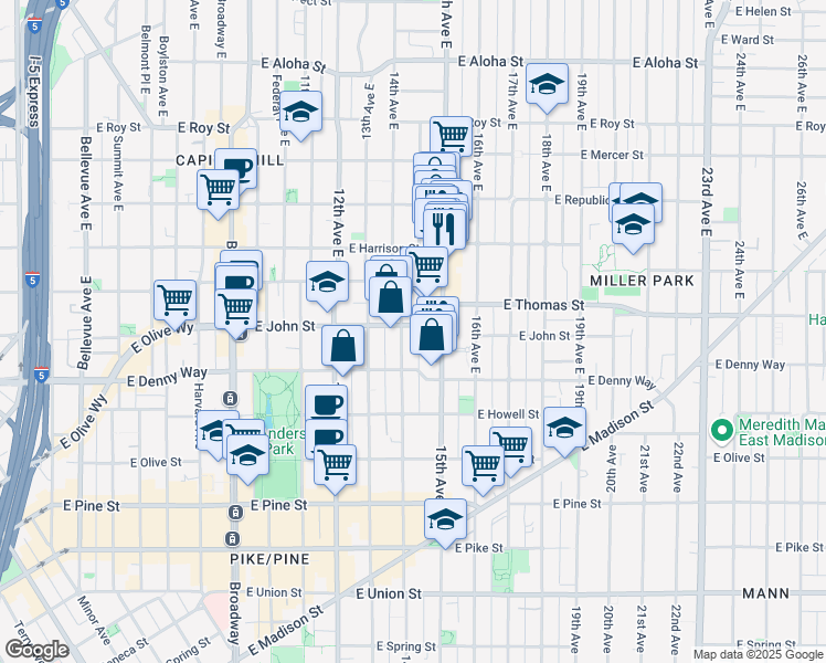 map of restaurants, bars, coffee shops, grocery stores, and more near 215 14th Avenue East in Seattle