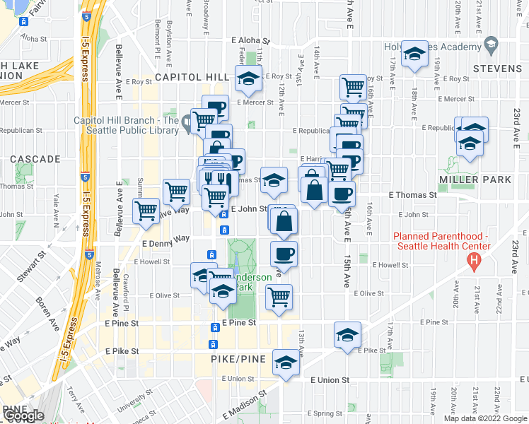 map of restaurants, bars, coffee shops, grocery stores, and more near 217 12th Avenue East in Seattle