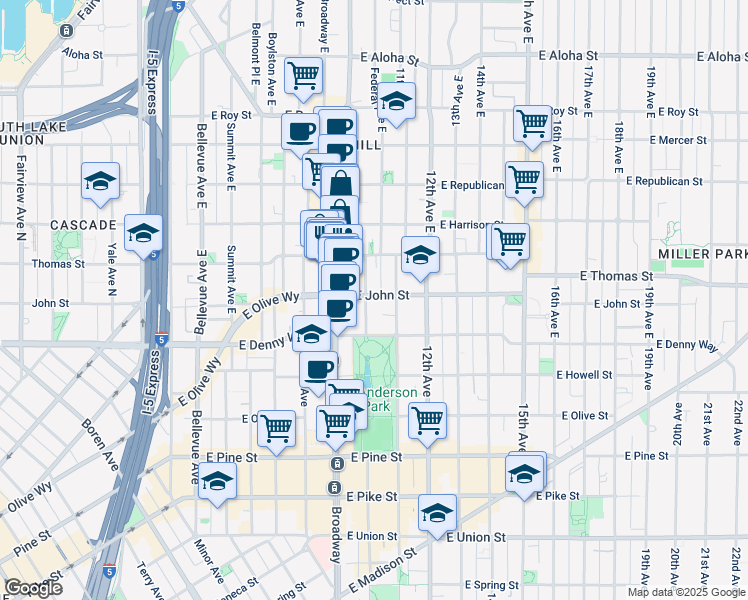 map of restaurants, bars, coffee shops, grocery stores, and more near in Seattle