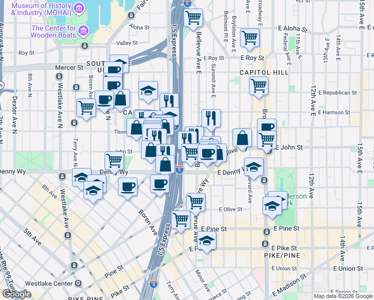 map of restaurants, bars, coffee shops, grocery stores, and more near 170 Melrose Avenue East in Seattle