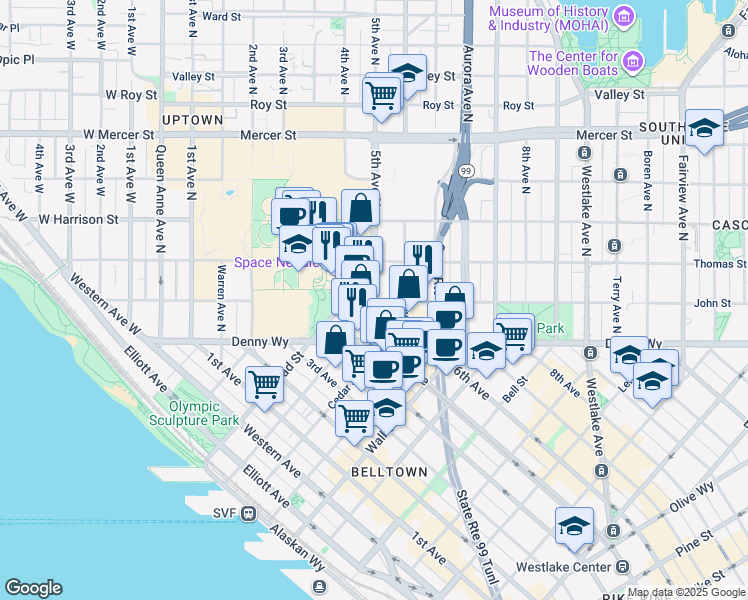 map of restaurants, bars, coffee shops, grocery stores, and more near 218 5th Avenue North in Seattle